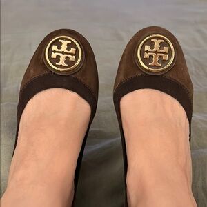 Chocolate Brown Suede Tory Burch Ballet Flats with Gold Medallion